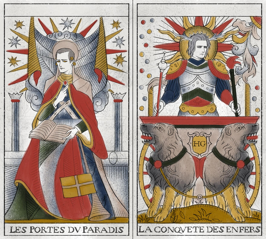 The Gates of Heaven/The Conquest of the Underworld [original characters; an homage to the Marseille tarot deck I have, a reproduction of the 1709 Pierre Madenie deck]