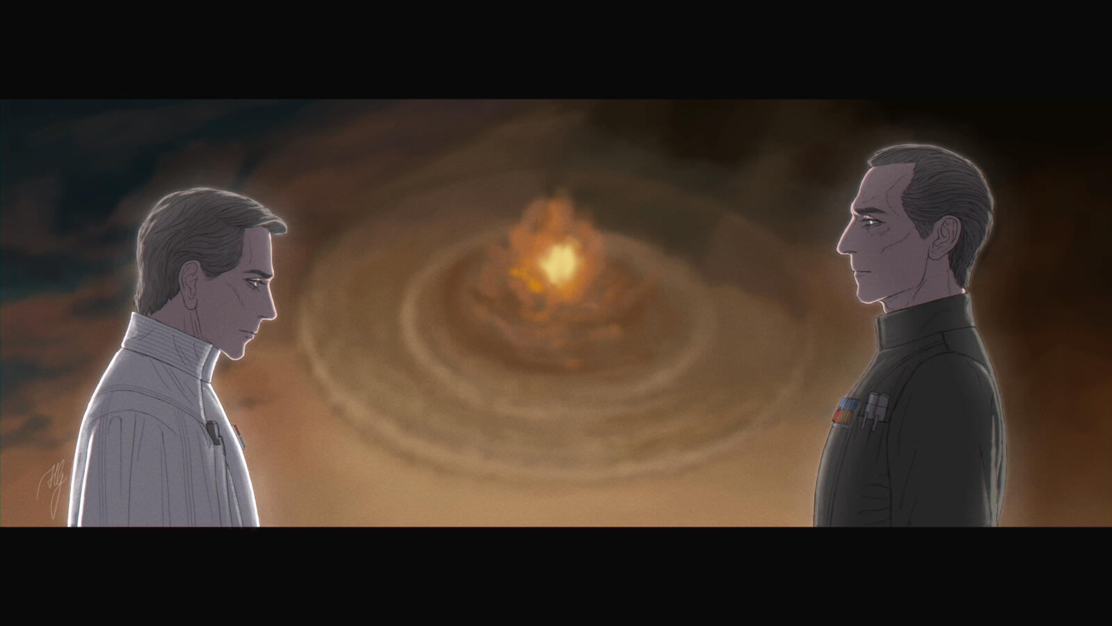 𝐿𝑒𝑡 𝑖𝑡 𝑎𝑙𝑙 𝑏𝑢𝑟𝑛 - 𝑤𝑖𝑡ℎ 𝑦𝑜𝑢 𝑖𝑛 𝑡ℎ𝑒 𝑒𝑛𝑑 [Star Wars fanart: Krennic and Tarkin over the ruins of Jedha city]
